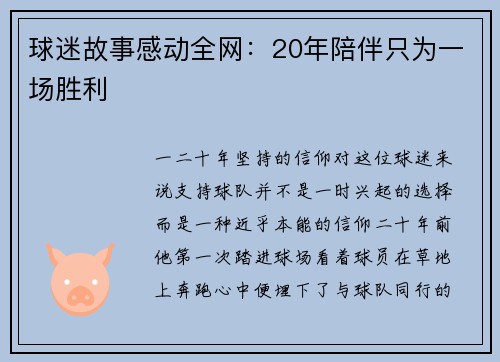球迷故事感动全网：20年陪伴只为一场胜利