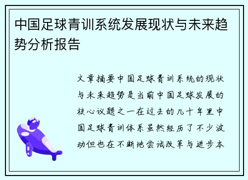 中国足球青训系统发展现状与未来趋势分析报告 中国足球青训系统发展现状与未来趋势分析报告
